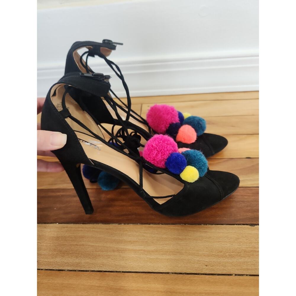 Express Stiletto Heel Strappy Peep Toe Black Colorful Pom Poms Sexy Sandals 10 - Picture 3 of 5